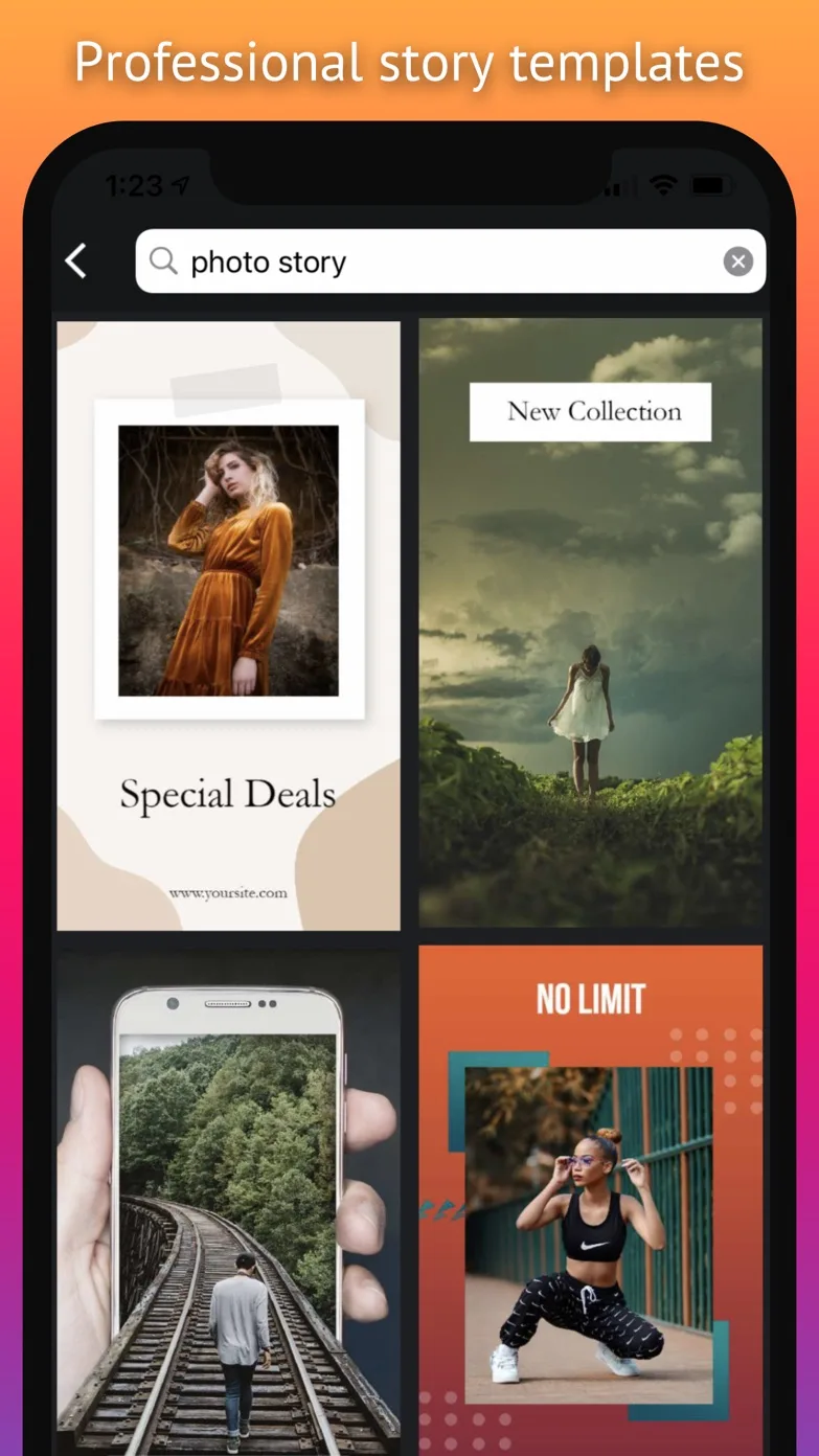 Reel Maker Pro template gallery with a photo-story search showing story templates for special deals, a new collection and a fitness promo