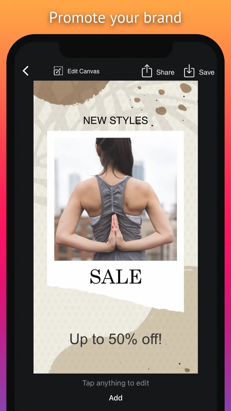 Story editor with a New Styles sale promo design offering up to 50 percent off, with Edit Canvas, Share and Save buttons