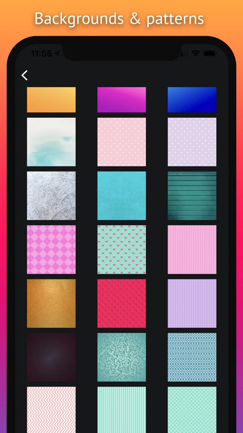 Background picker with a grid of gradients, watercolor textures, polka dots, hearts, stripes and glitter patterns