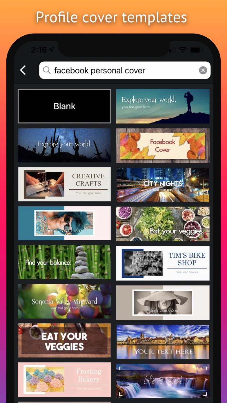 Cover template gallery with a personal-cover search showing wide designs like Explore Your World, City Nights and a bike shop banner
